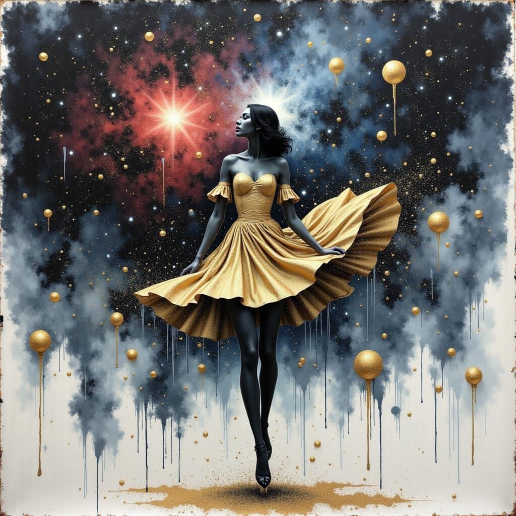 Cosmic Inkwash with Sparkling Stars in Pin-Up Style