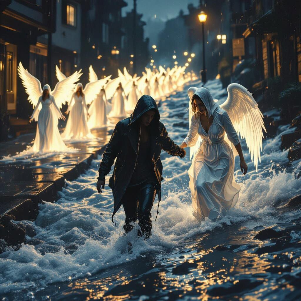 Angelic Figure Assists Woman in Nighttime Flood