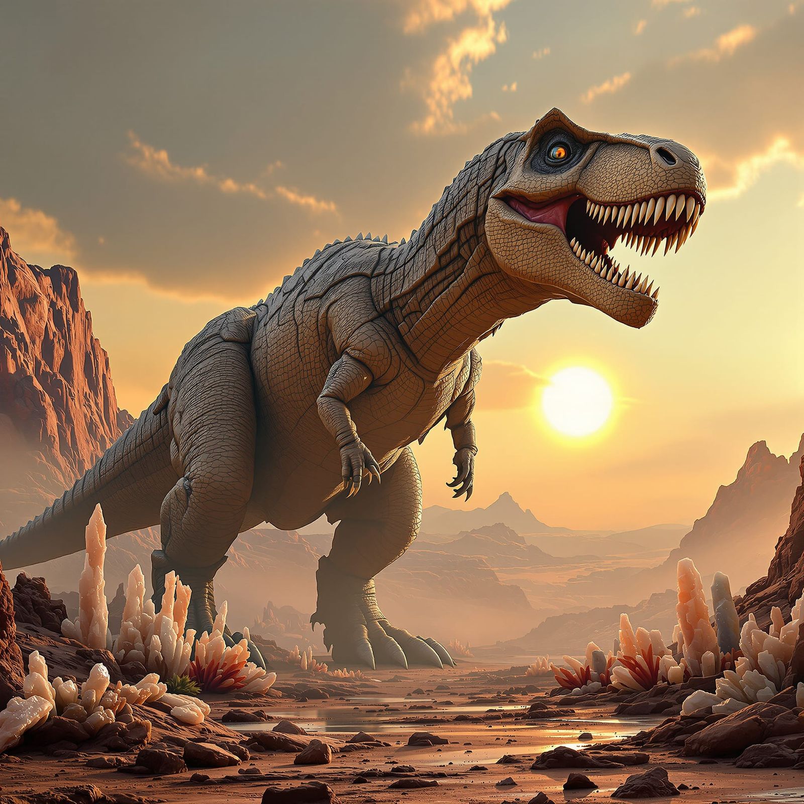 Colossal T-Rex on Alien Planet Under Binary Sunset