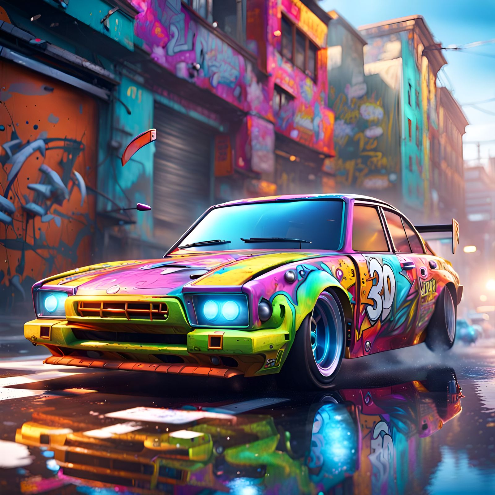 Hybrid Sedan Race Car in Graffiti Splash Art