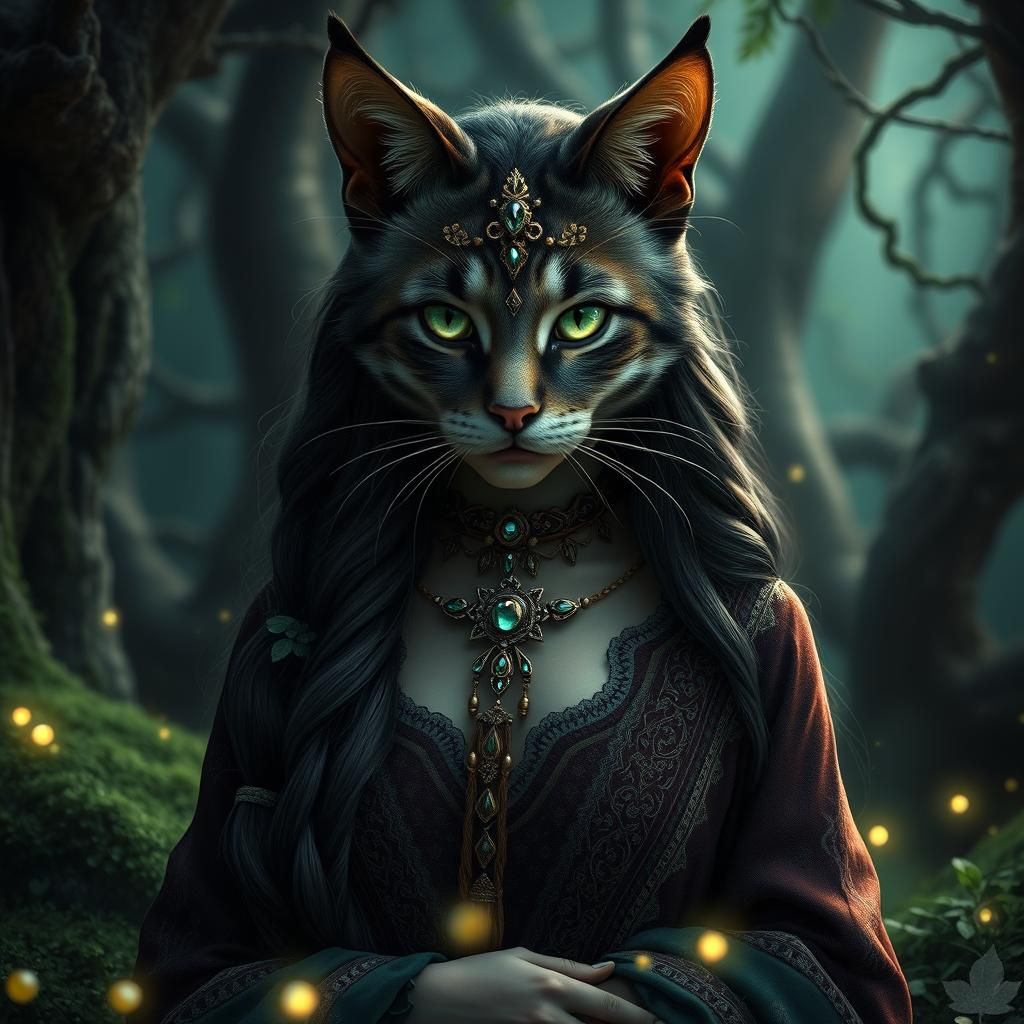 Majestic Cat-Woman in Mystical Forest, Hyperrealistic Detail