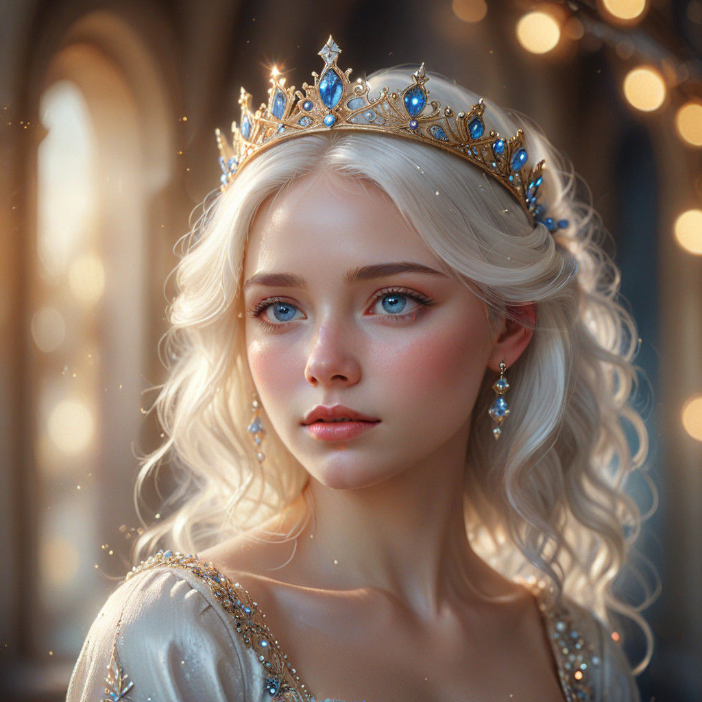 Hyper-Realistic Portrait of a Shy Princess with White Hair a...