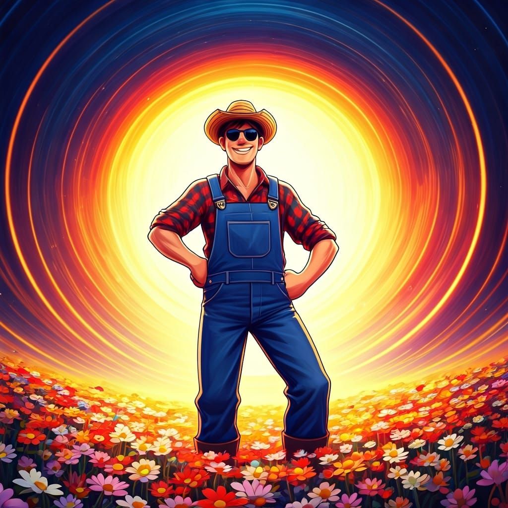 Joyful Farmer in Watercolor Flower Field