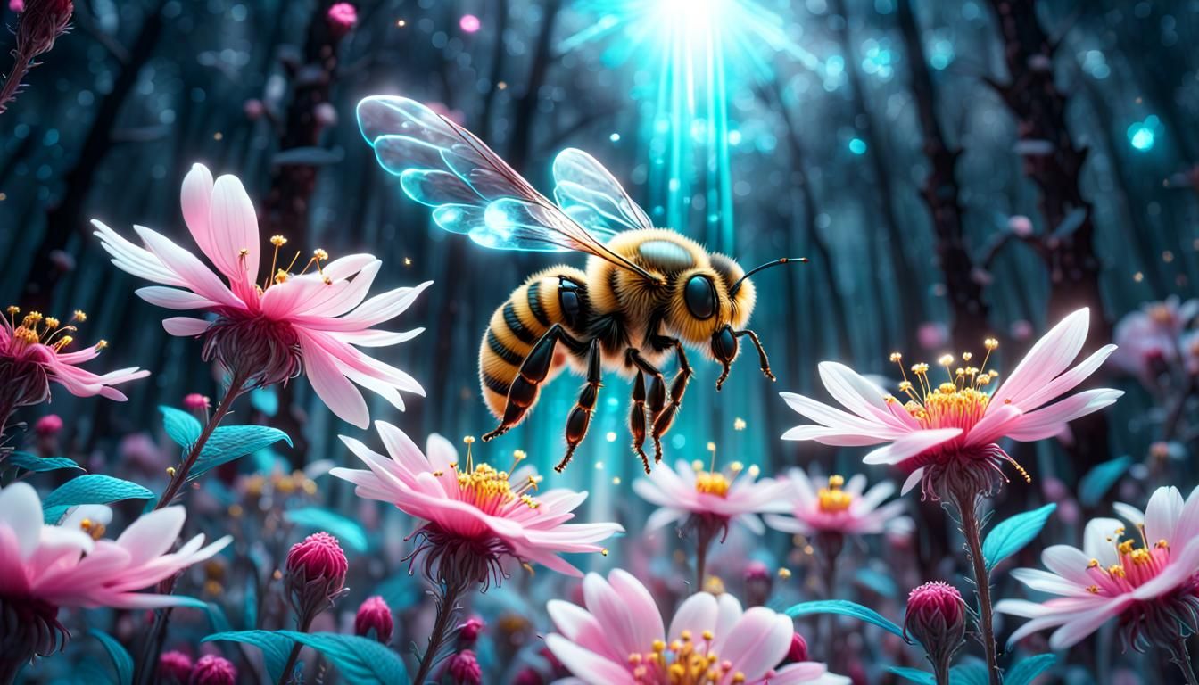 Sci-Fi Glowing Bee in Winter Fantasy Forest
