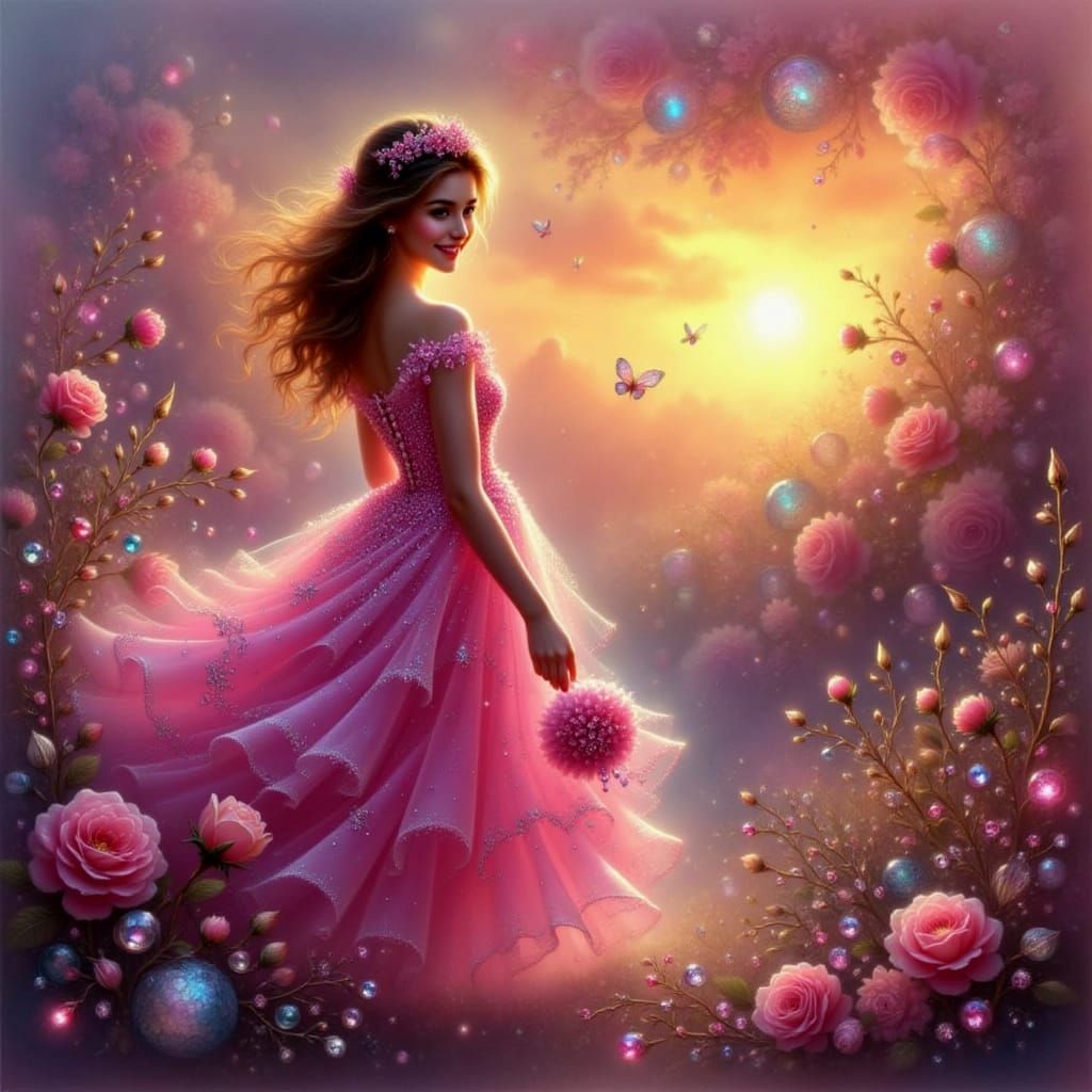 Radiant Woman Adorned in Gems at Sunset