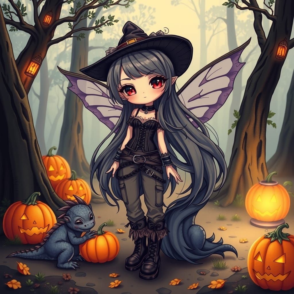 Gothic Fairy and Dragon in Chibi Style