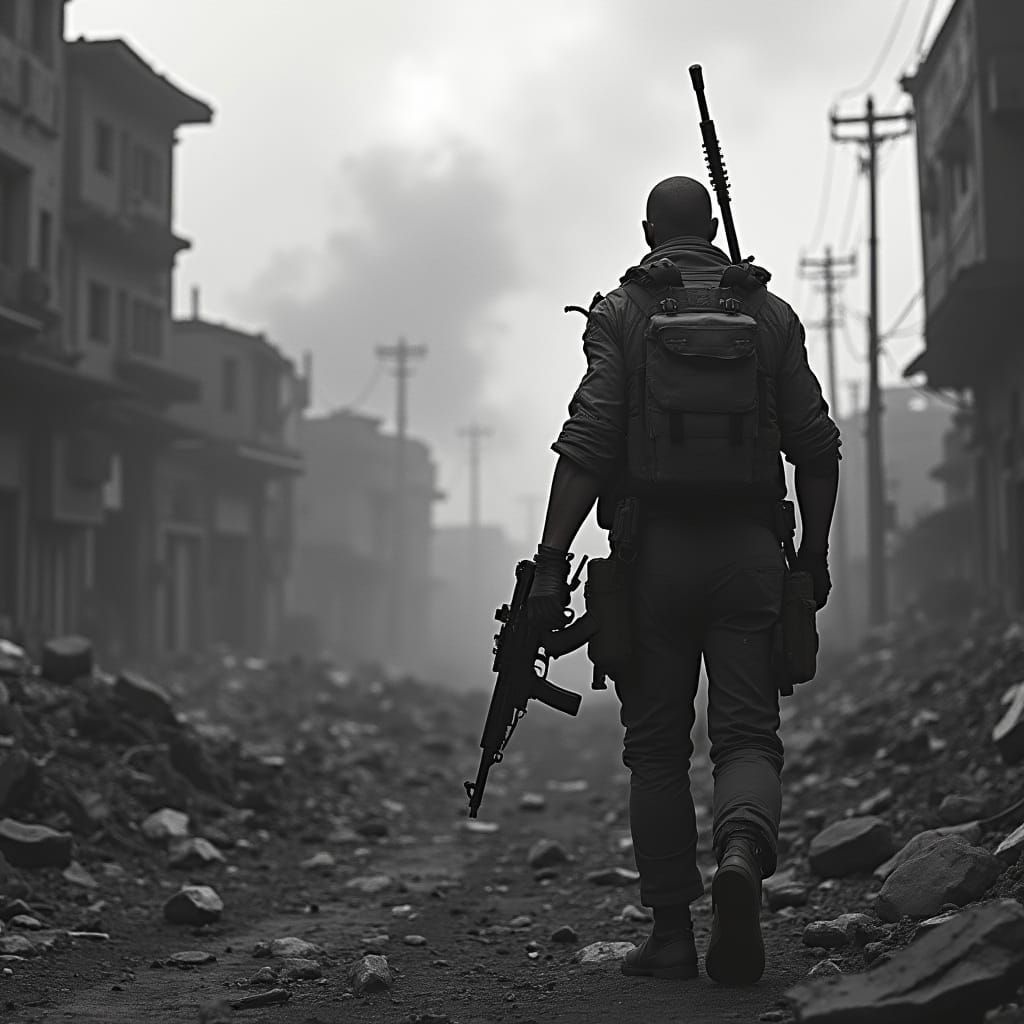 Desolate Cityscape: Lone Sniper Warrior in Gritty Black-and-...