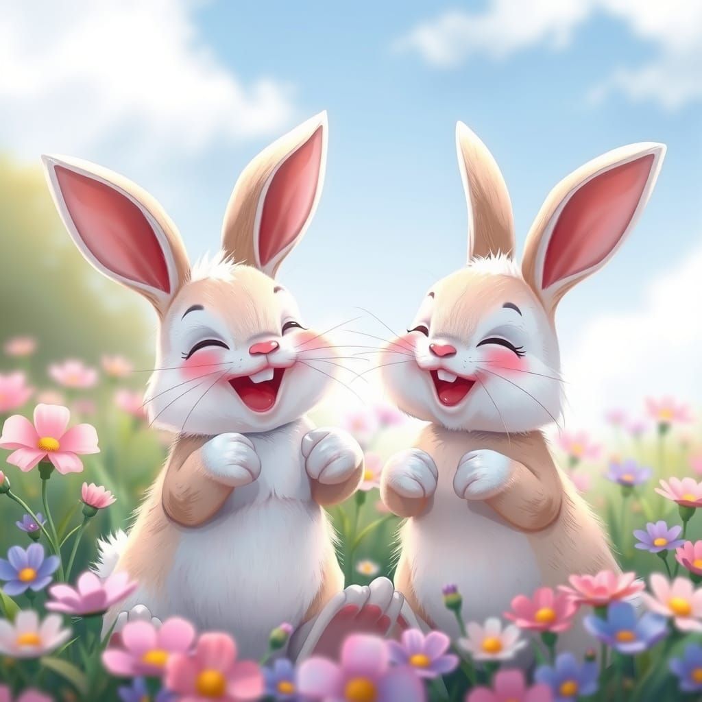 Cute Manga Bunnies Laughing in Flower Field