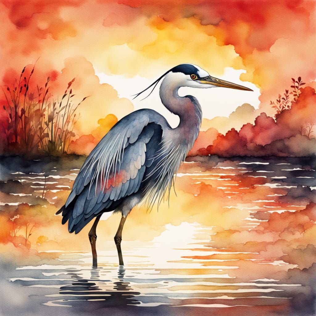 Watercolor Heron at Sunset