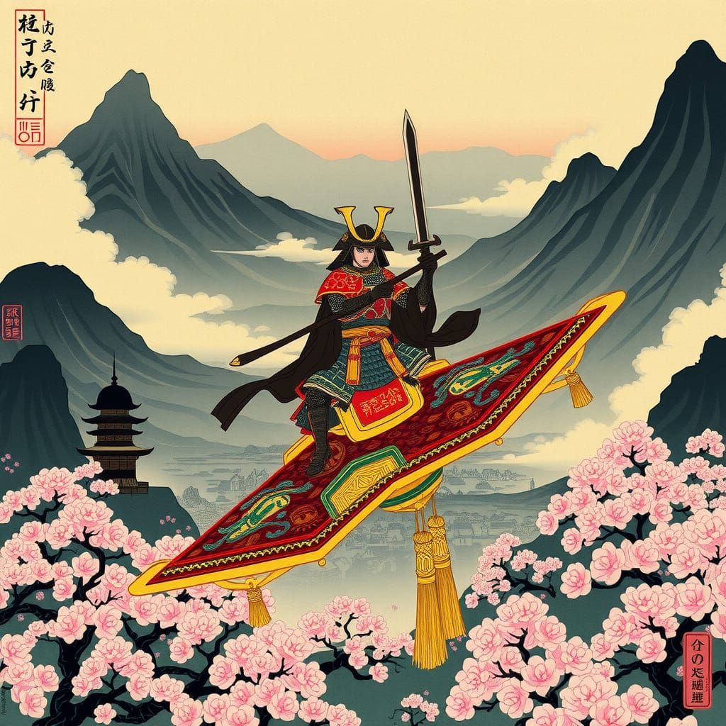 Samurai on Magic Carpet in Ukiyo-e Japanese Village