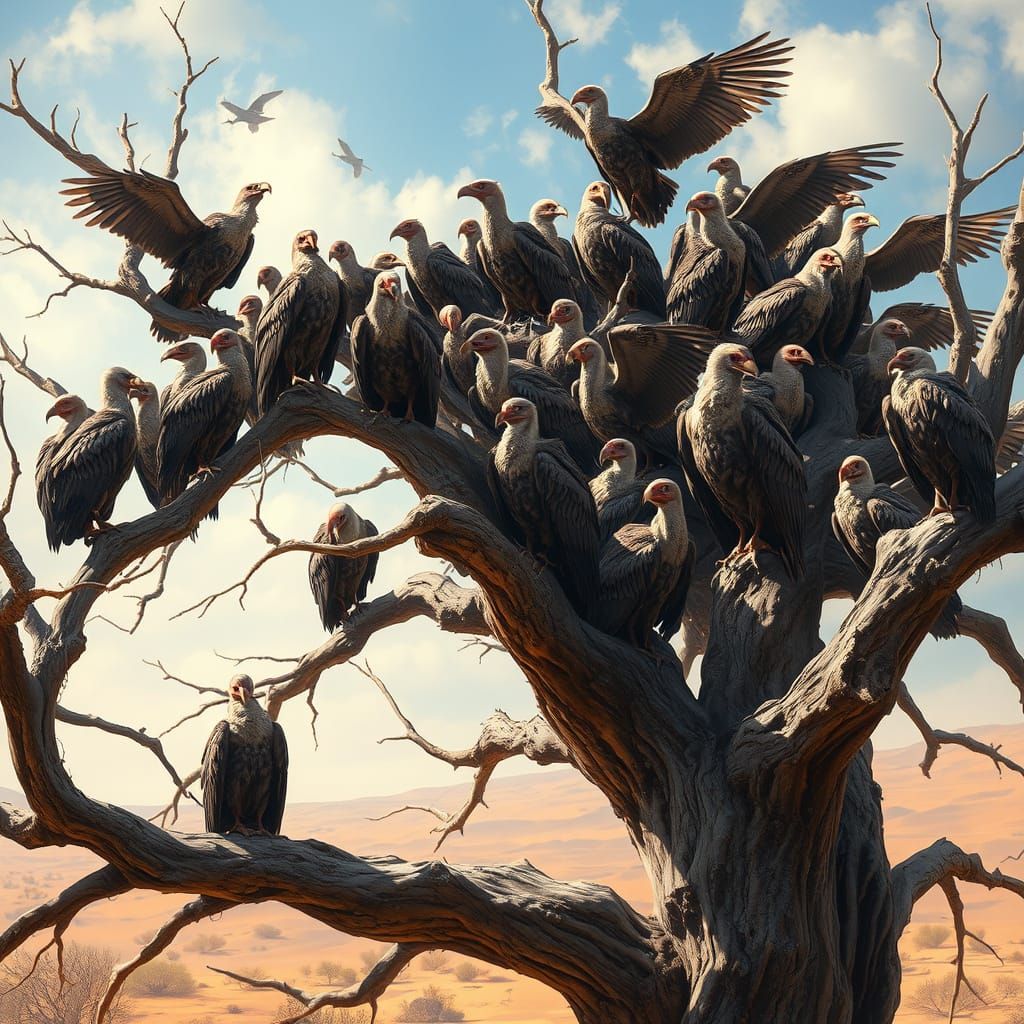 Vultures in Hyperrealistic Style Gather on a Dead Tree in th...