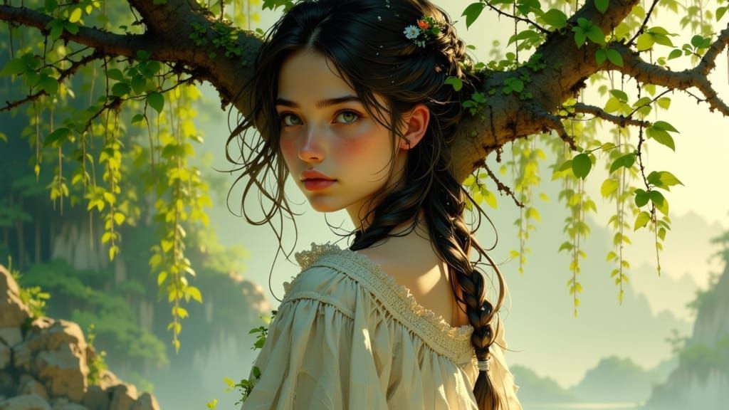 Woman Under Weeping Willow Tree Portrait