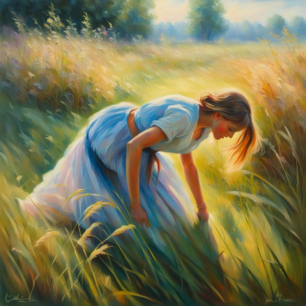 Girl in Field: Impressionist Landscape with Impasto