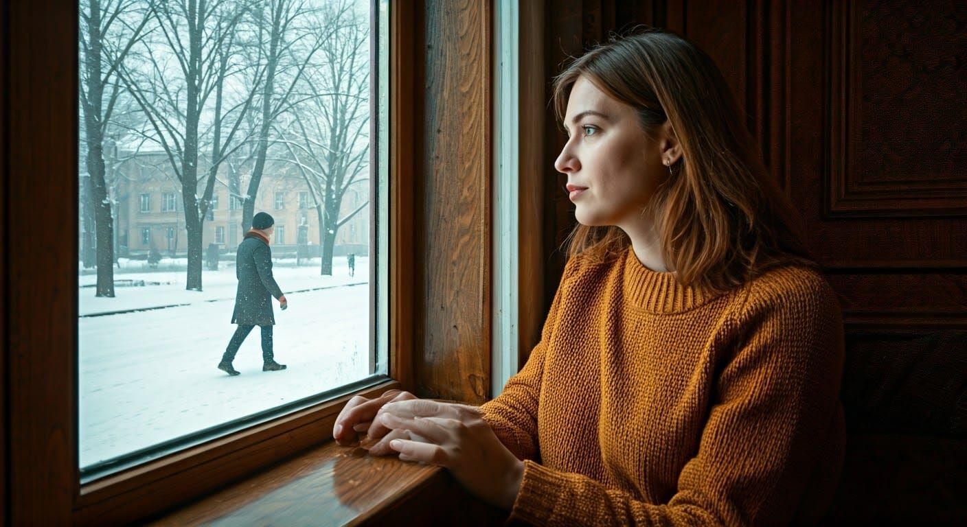 A Woman Contemplates the Snowy Street in a Cozy, Golden-Lit ...