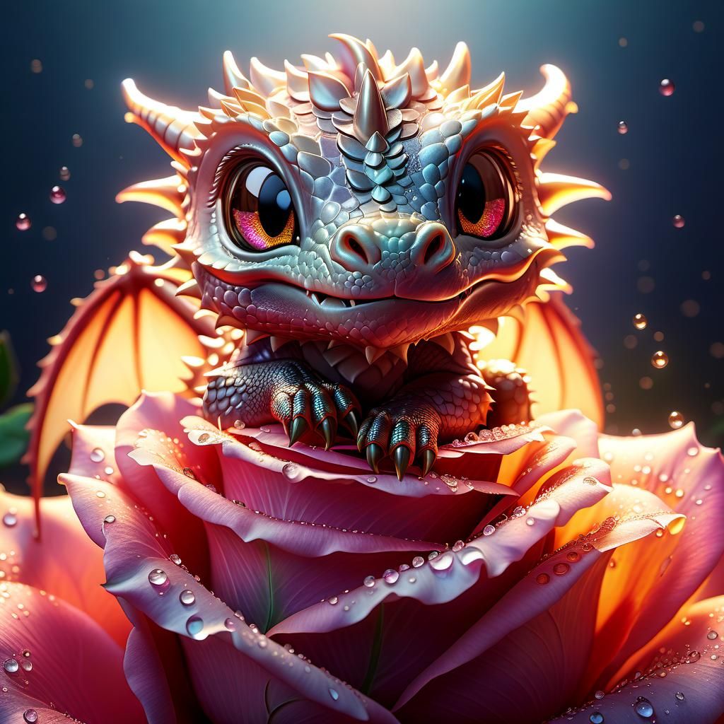 Tiny Dragon Resting on Rose: Hyperrealistic Portrait