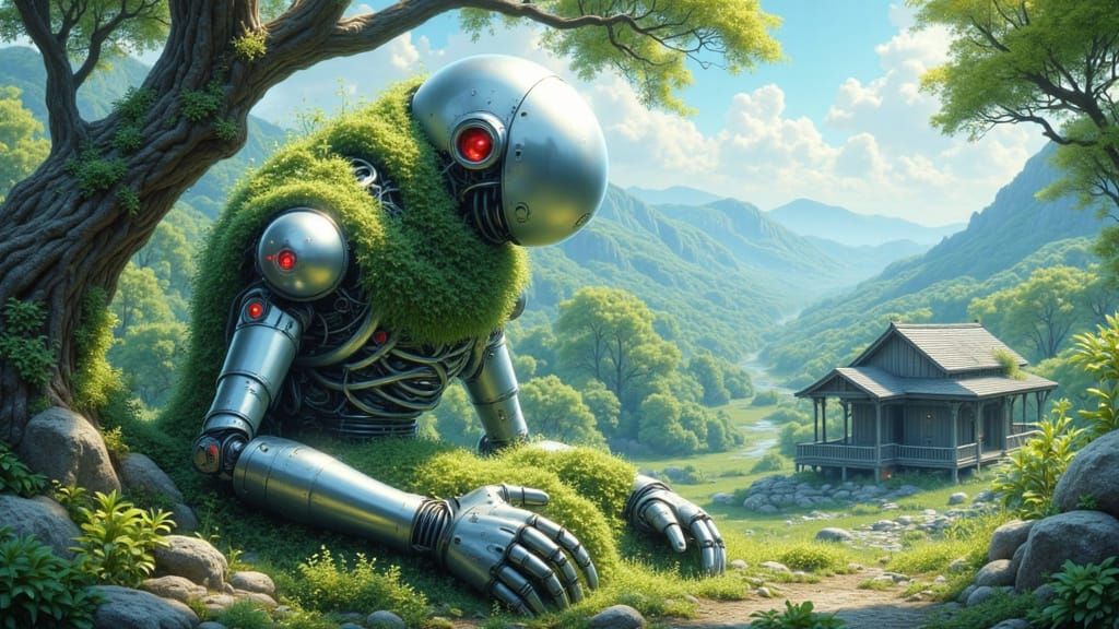 Majestic Laputa Robot Enveloped by Nature in Whimsical Lands...