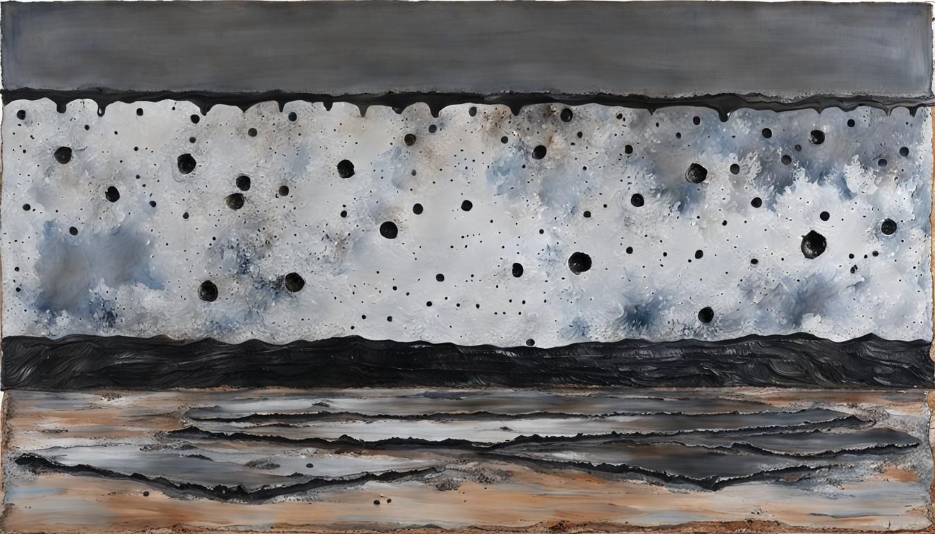 (by Anselm Kiefer:1.0) (earth, iron sheet sky, sparse fires, paint drips, holes, cracked clay ground:1.2), intricate det...