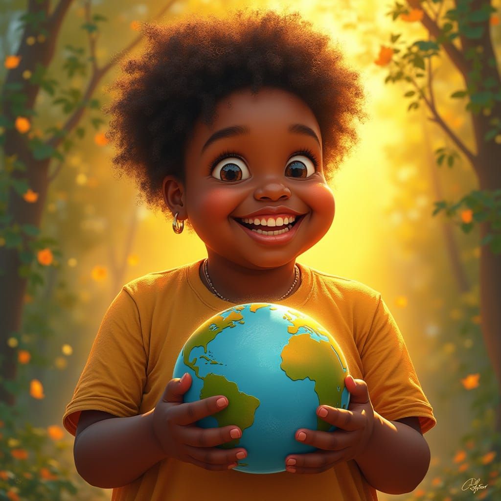 Surreal Celebration of Earth Day with a Happy Black Girl Hol...