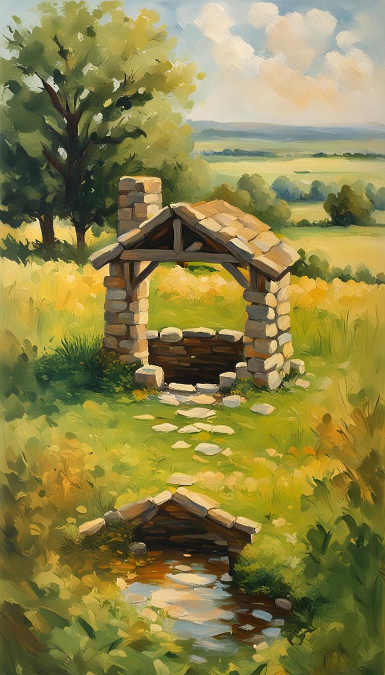 Idyllic Stone Well in Impressionistic Landscape