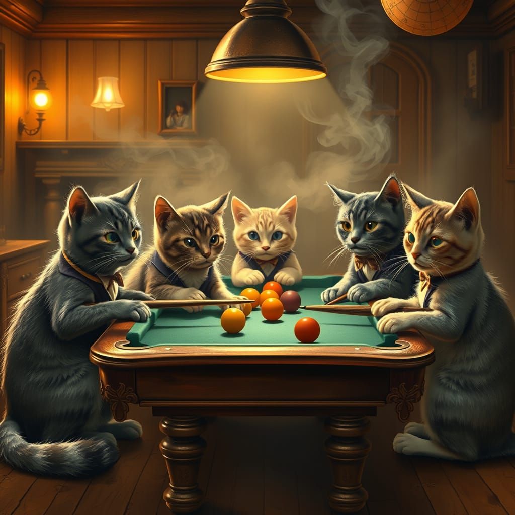 Whimsical Cats Engage in Vintage Pool Game