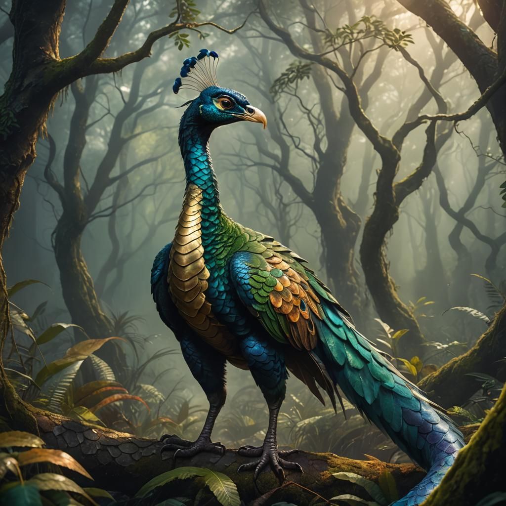 Snake-Peacock Hybrid in Misty Forest Concept Art