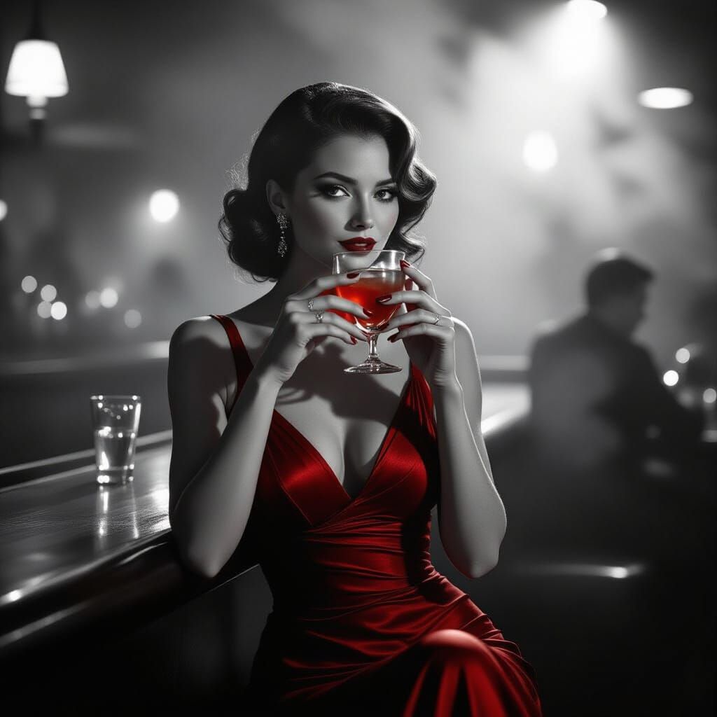 Elegant Woman in Film Noir Style Bar