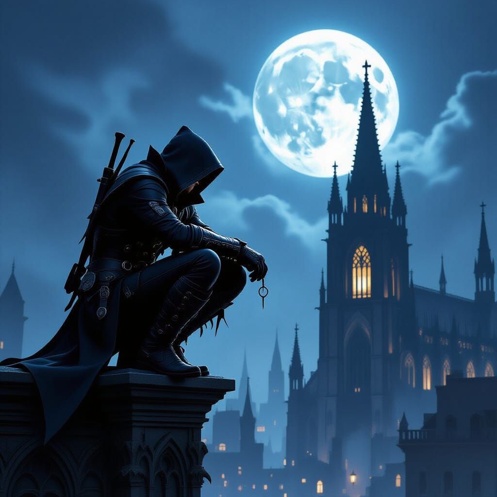 Thief Master Crouching on Gargoyle in Moonlit City