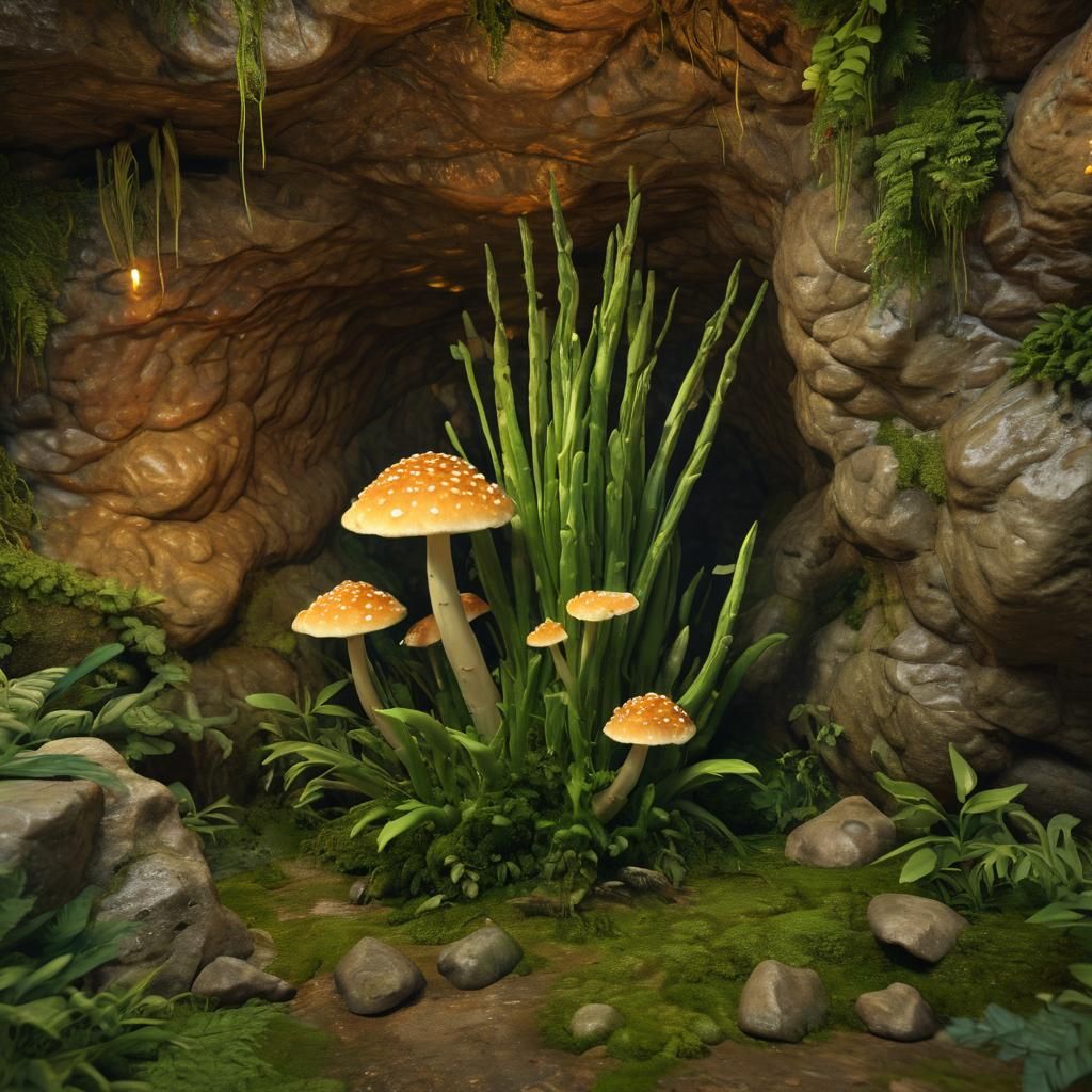 Asparagus Mushroom in Mossy Cave: Low-Poly 3D Art
