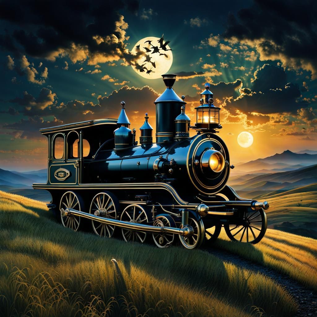 Steampunk Engine Under Moonlight in Maximalist Style