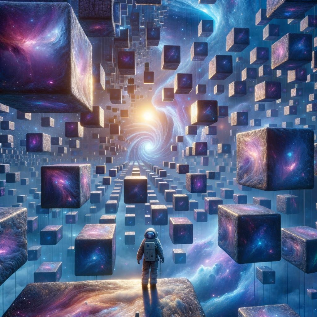 Cosmic Cityscape: Astronaut and Leaking Portals in Space