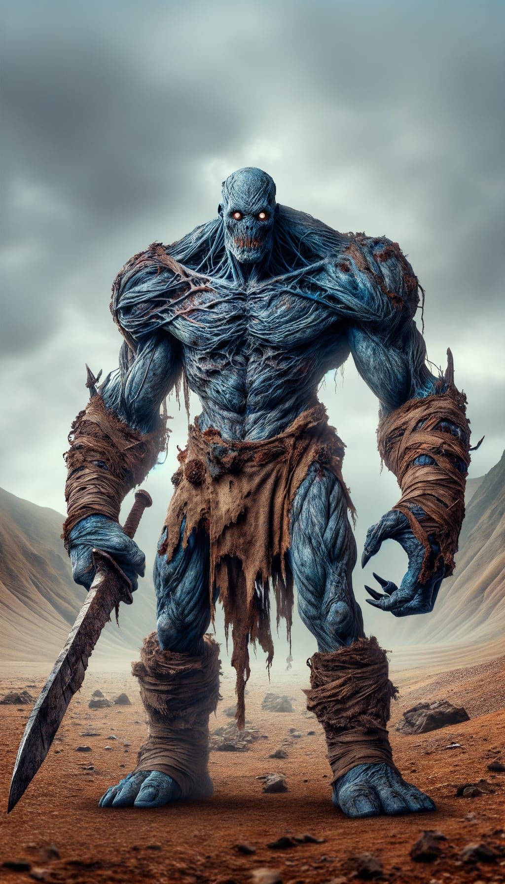 Fearsome Warrior in Tattered Armor, Holding a Rusty Sword in...