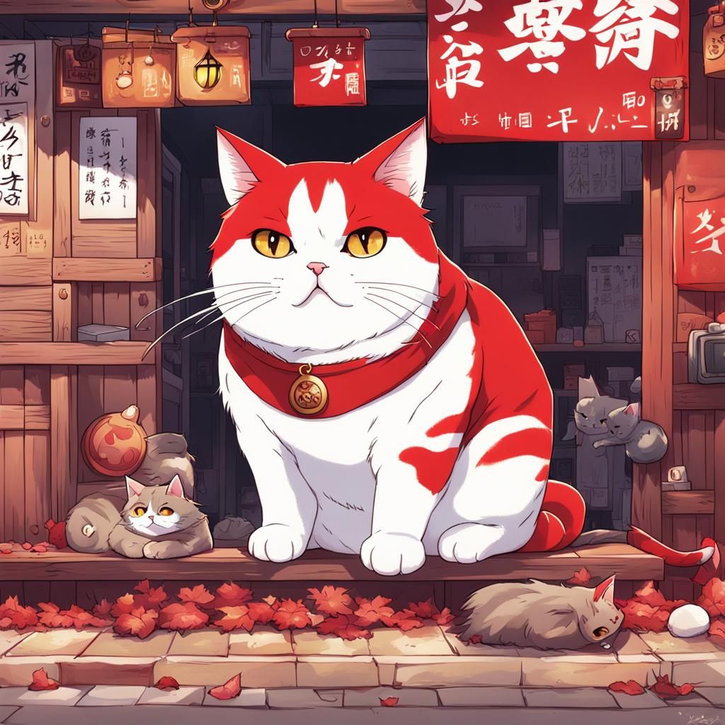 Fat Red Cat in Anime Style