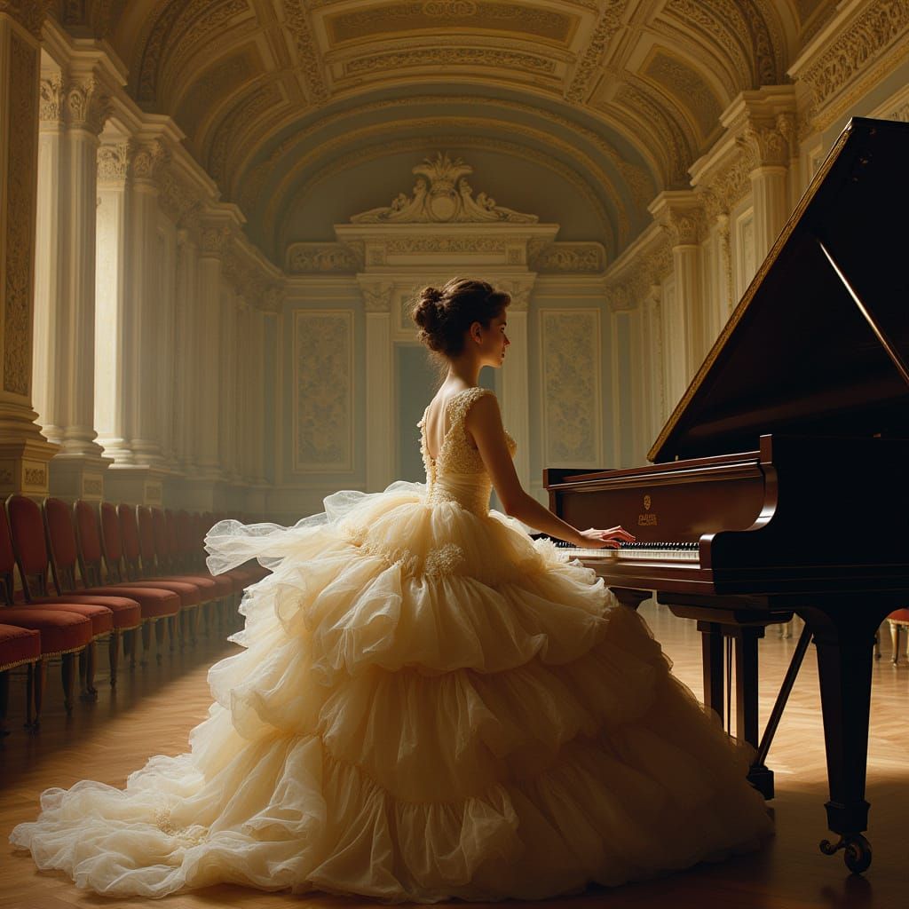 Baroque Concert Hall with Elegant Pianist in Whimsical Wind