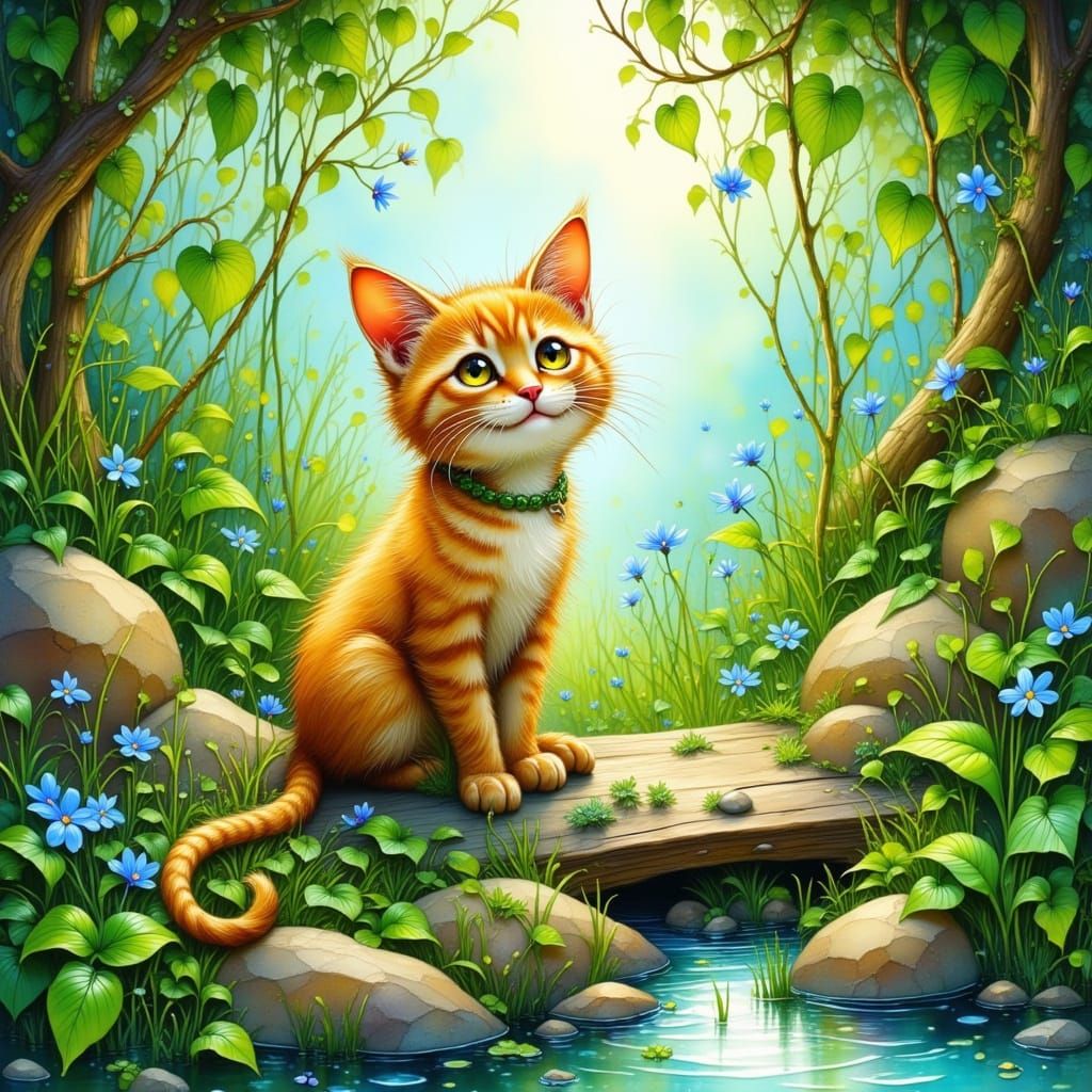 Whimsical Watercolor Cat in Lush Greenery
