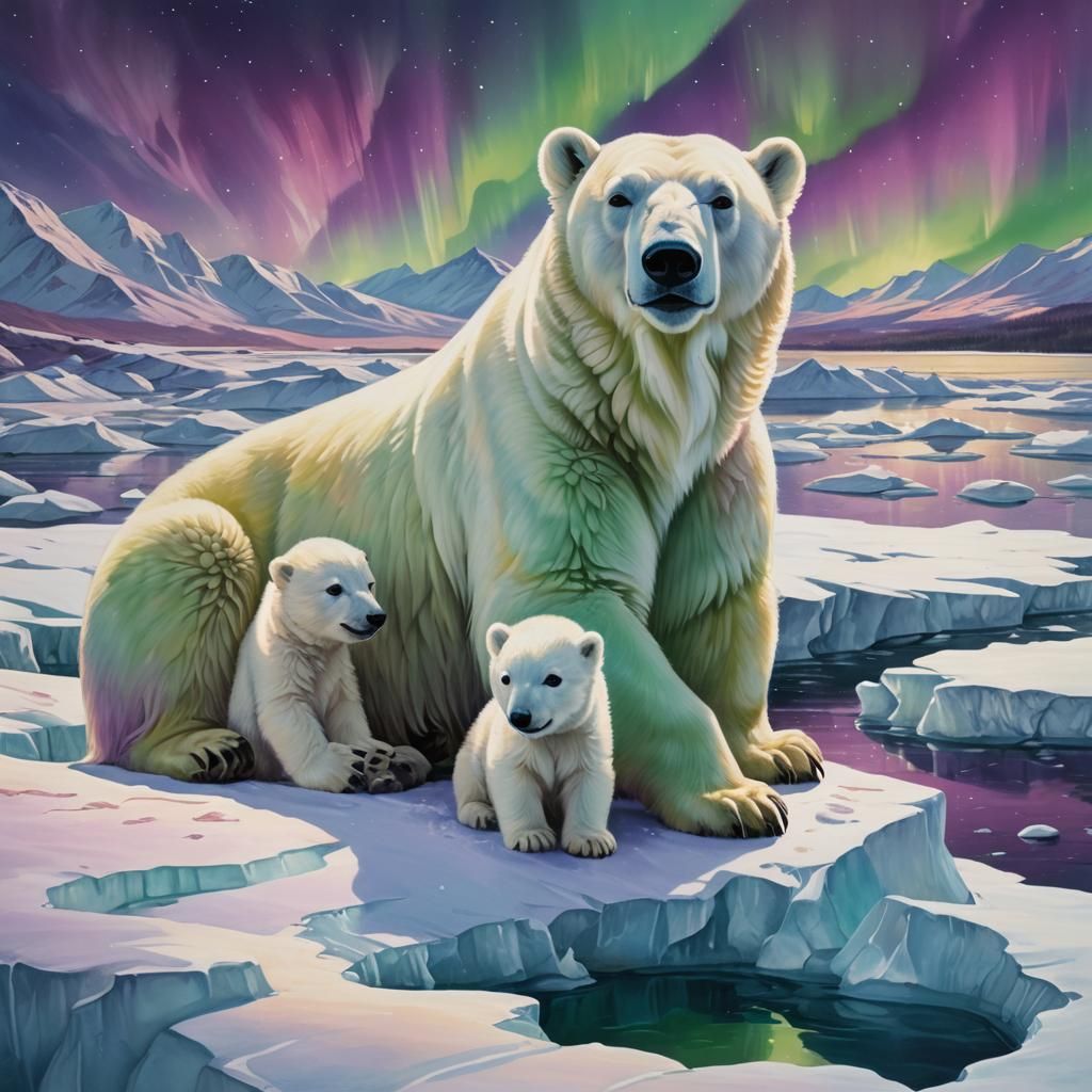 Polar Bear and Cub Under Aurora Borealis