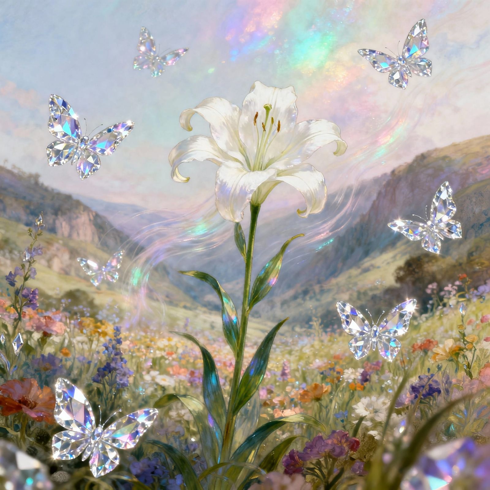 White Lily with Crystal Butterflies in Pastel Valley