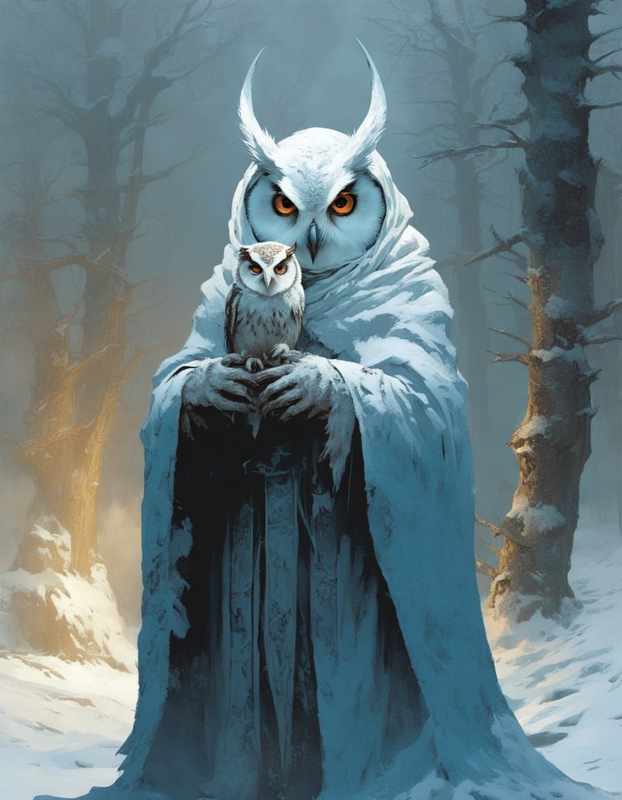 Surreal Hag in Winter Blizzard with Owl Head and Horns