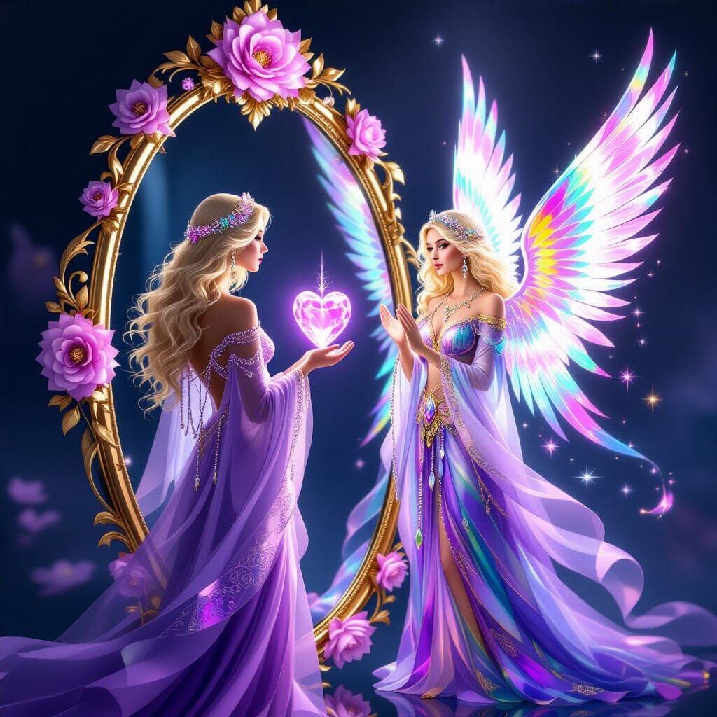 Woman Meets Angelic Reflection in Mystical Crystal Mirror