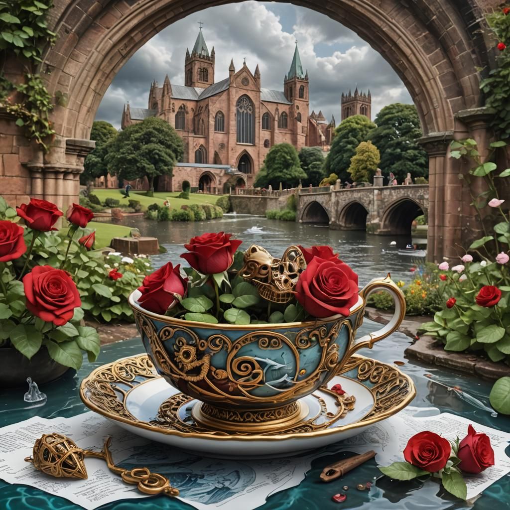 Rose, Abbey, and Monks: Hyperrealistic Splash Art