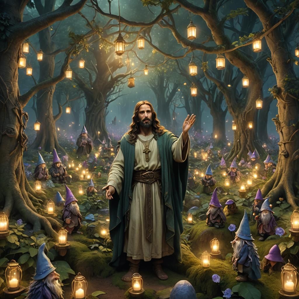 Jesus Christ with Gnomes in Enchanted Forest