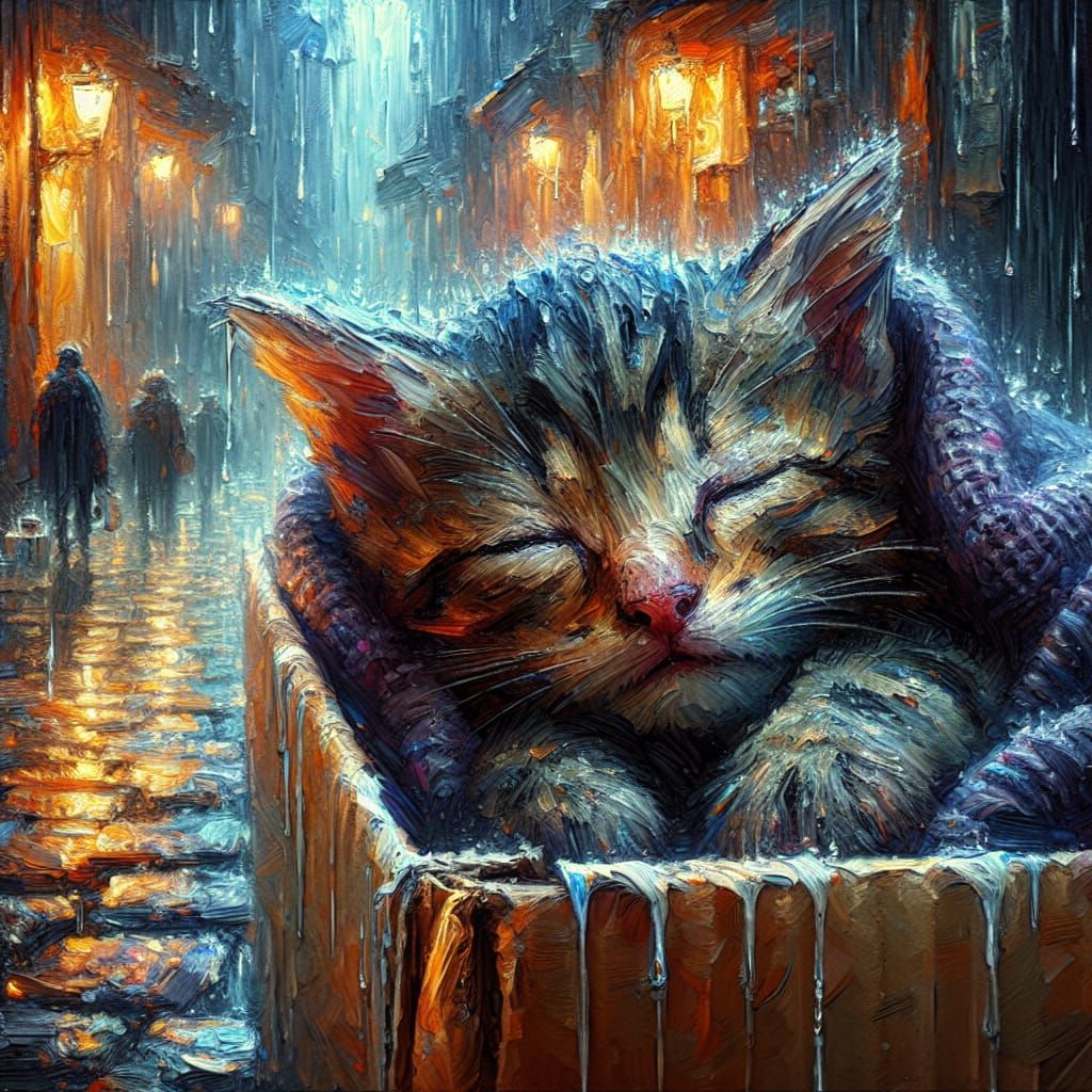 Melancholic Tabby Kitten in Alleyway: an Impasto Painting