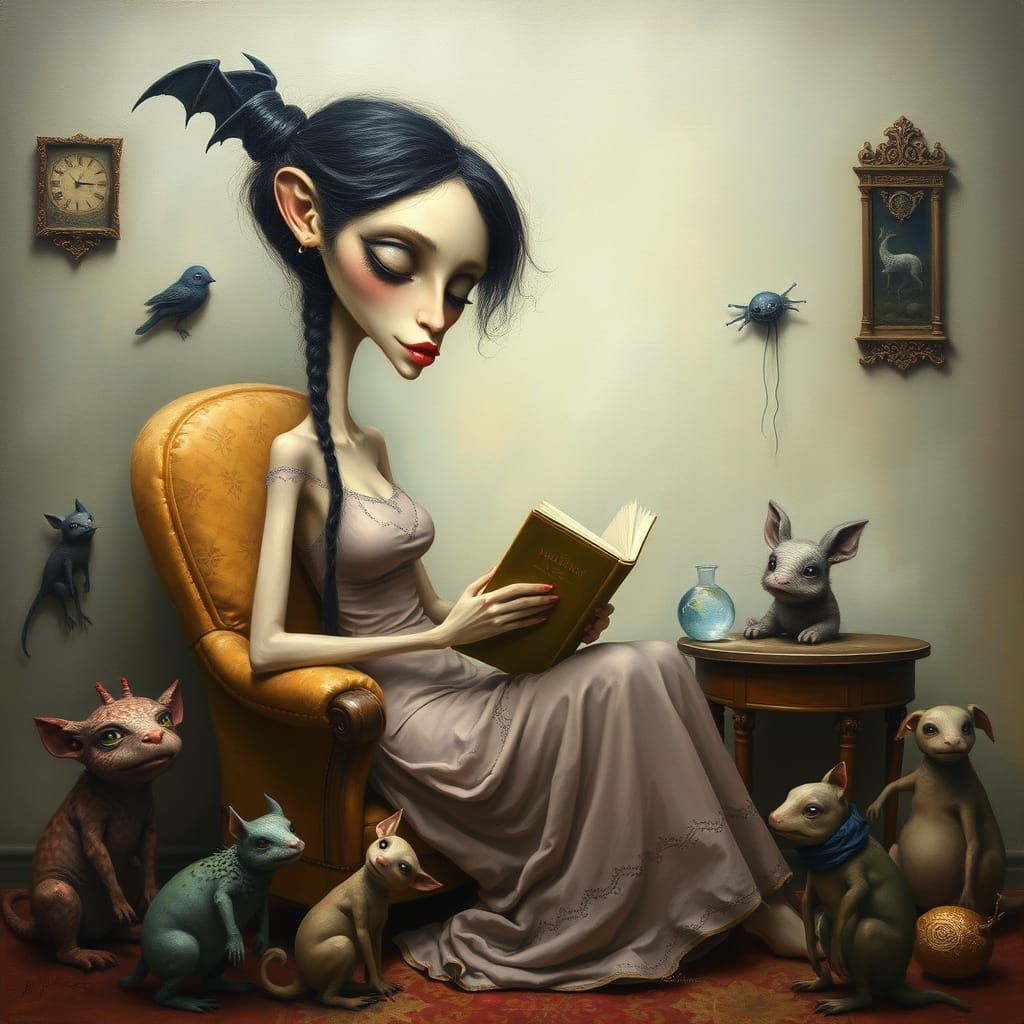 Surreal Oil Painting of Woman Reading Amidst Whimsical Creat...
