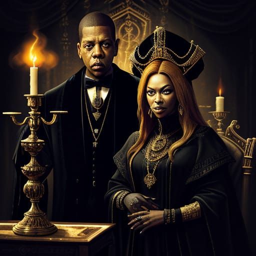 Jay-Z and Beyonce in Dark Surrealist Oil Painting
