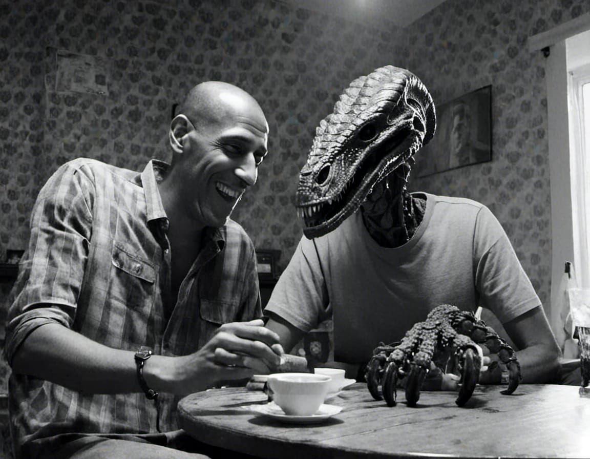 Two shot <lora:gully - style :1.0> <lora:Gully face :1.0> Black and white photo of a happy man sitting with a xenomorph ...