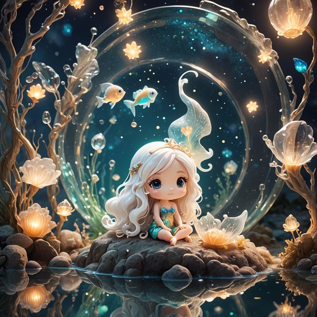 Bioluminescent Mermaid in Dreamy Chibi Splash Art