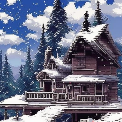 Snowy Mountain Cabin in 16-bit Pixel Art