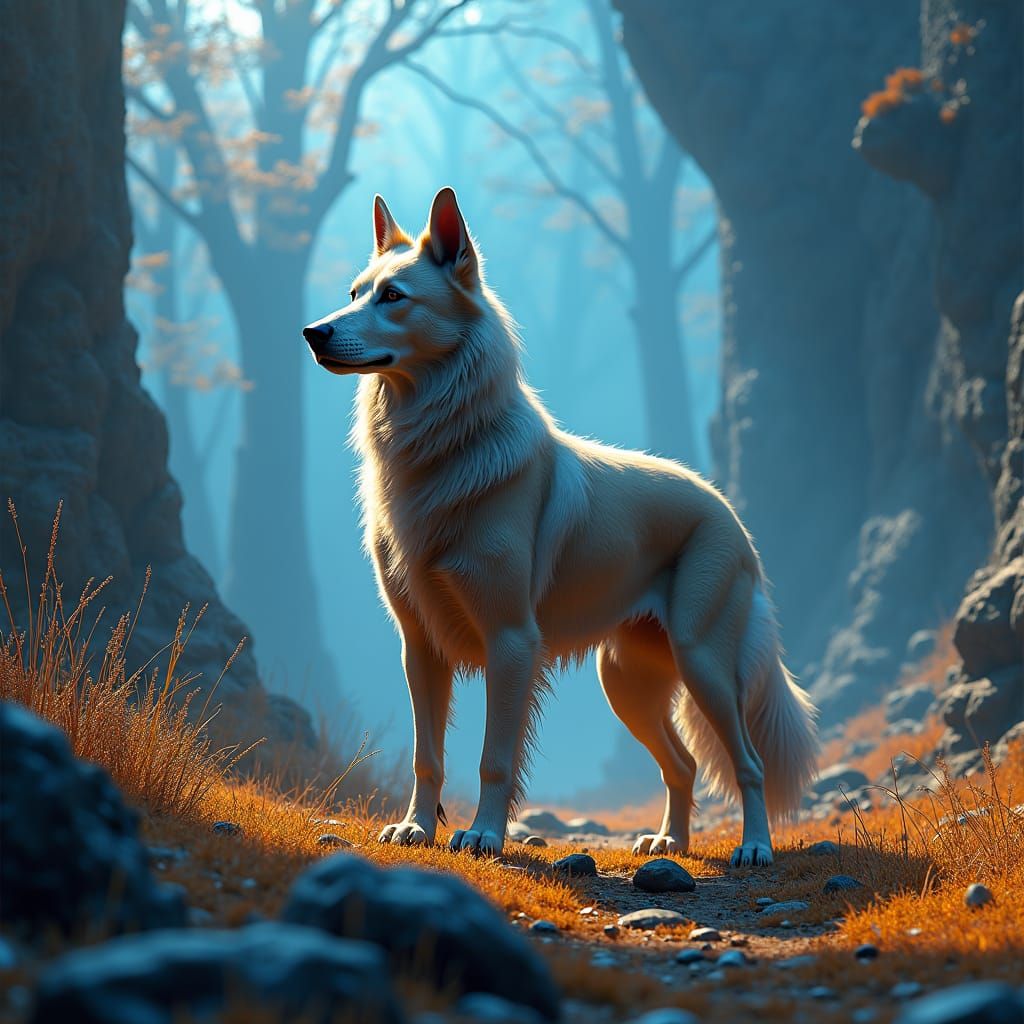 Majestic Dog in Mystical Landscape: Fantasy Matte Painting