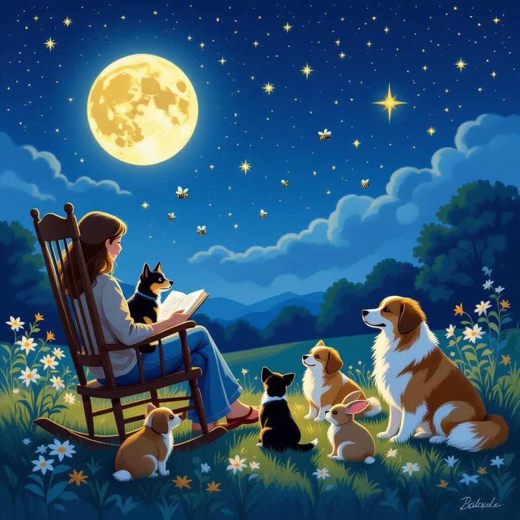 Magical Night Scene with Animals Listening to a Story