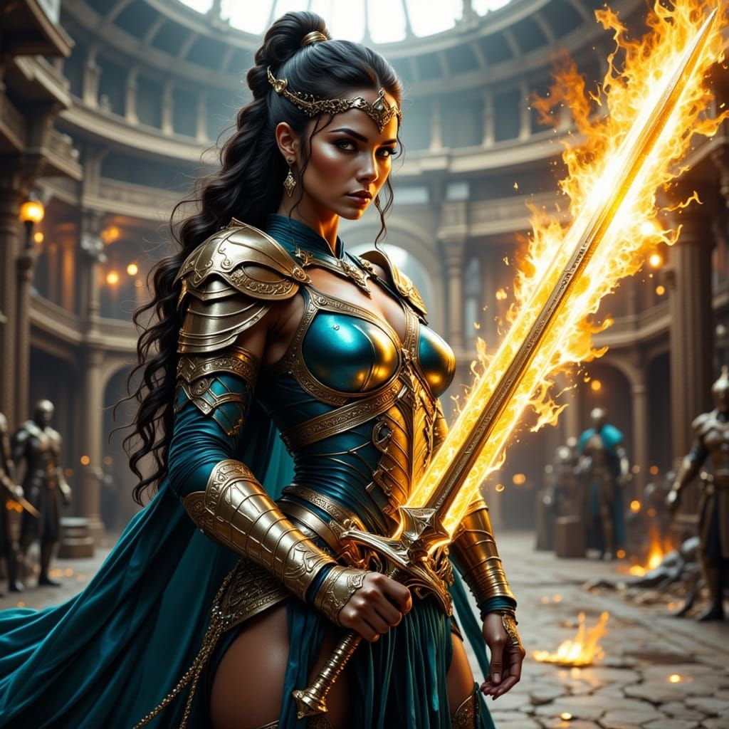 Cyberpunk Amazonian Warrior with Glowing Sword