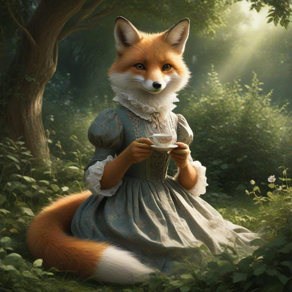 Victorian Fox Enjoys Tea in Lush Overgrown Garden